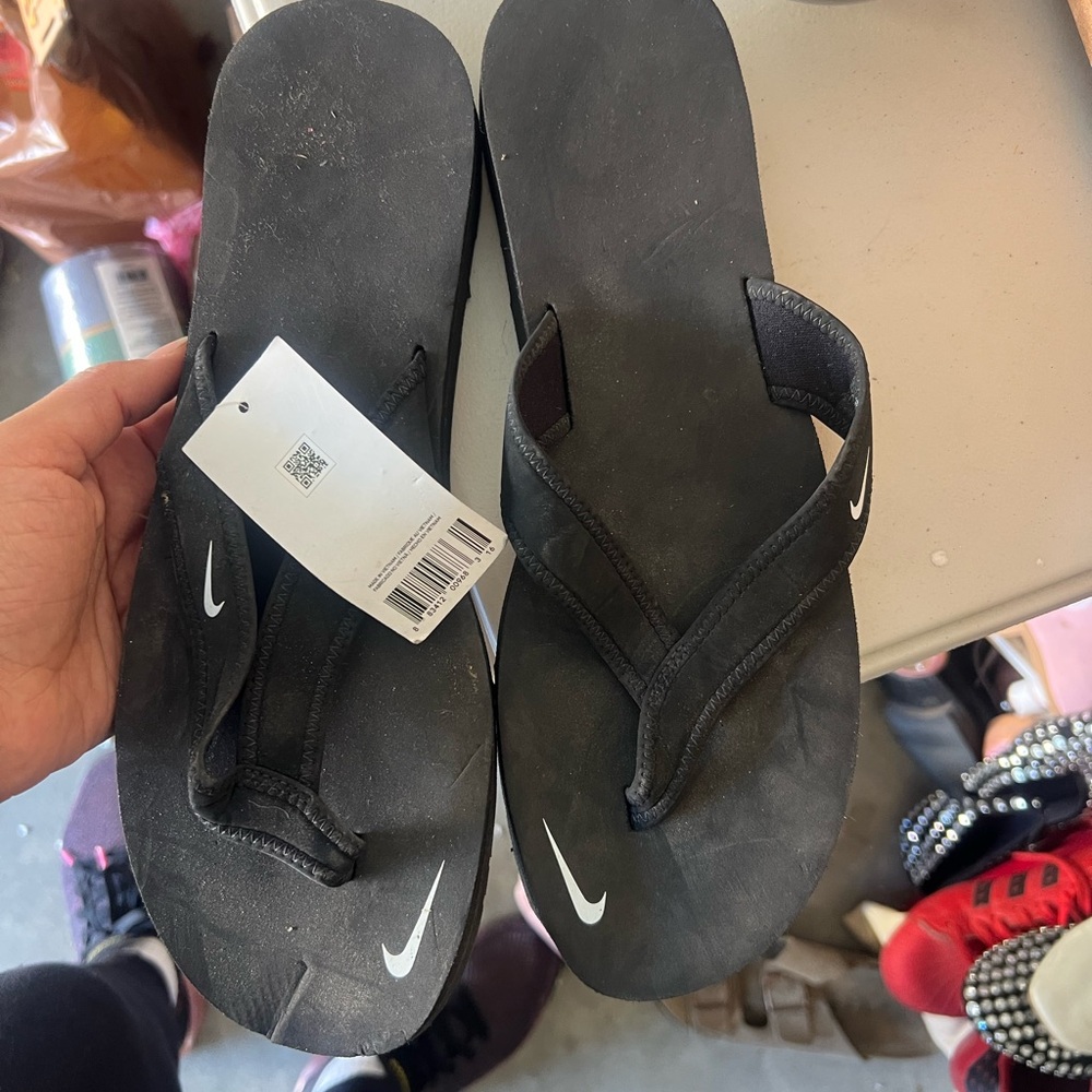 Nike Black Flip Thong Sandals with White Swoosh